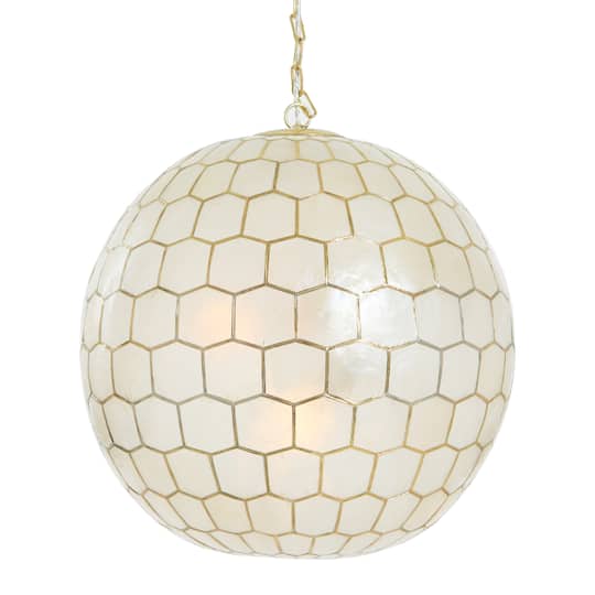 20&#x22; Capiz White Seashells with Antique Gold Honeycomb Globe Chandelier Pendant Light